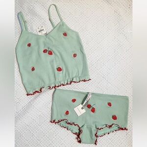 Anthropologie Mint Green Strawberry Embroidered Pajama Set